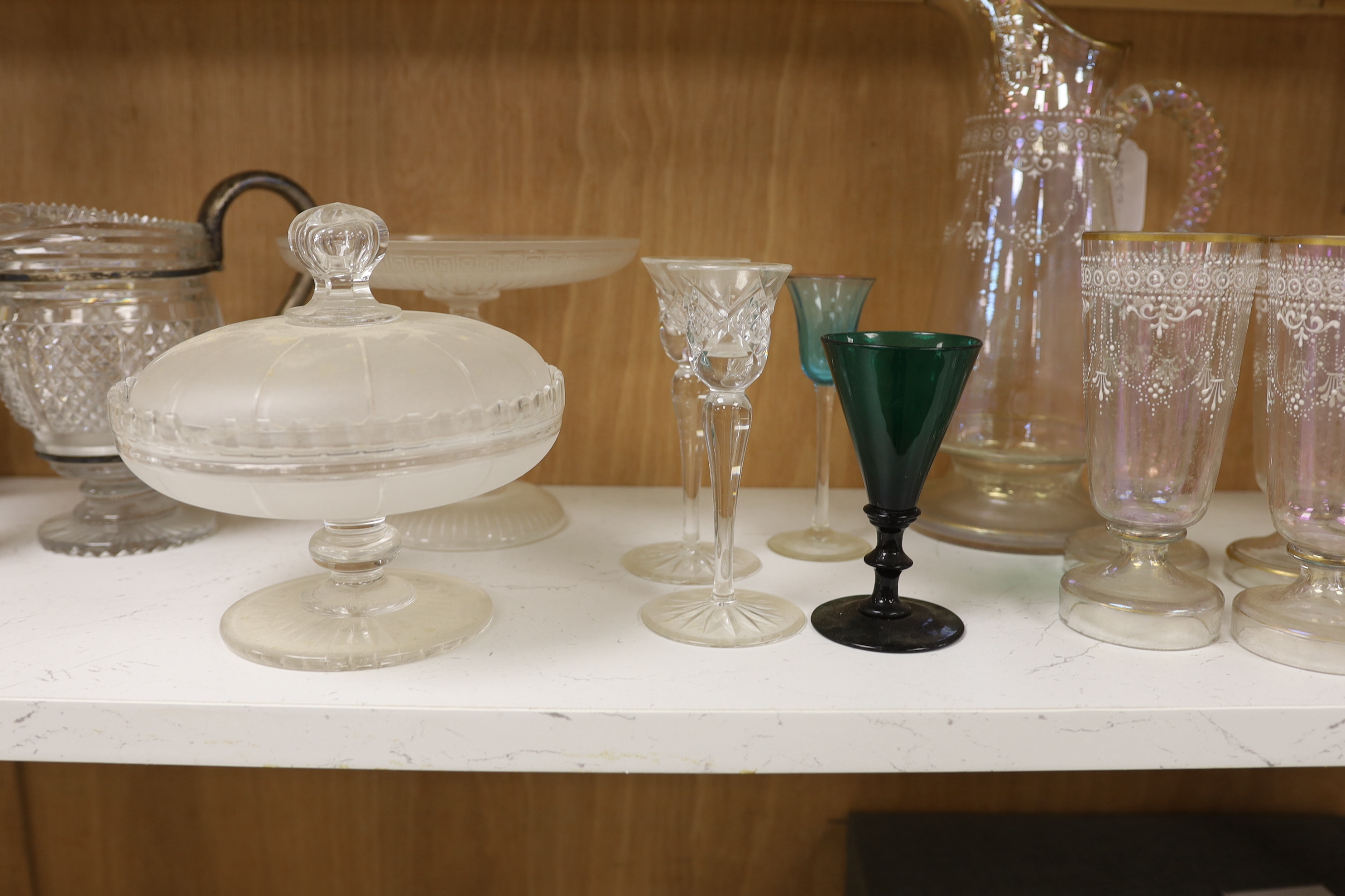 An enamelled glass lemonade set, jug 31cm, a Victorian cut glass jug with plated mounts, etc.